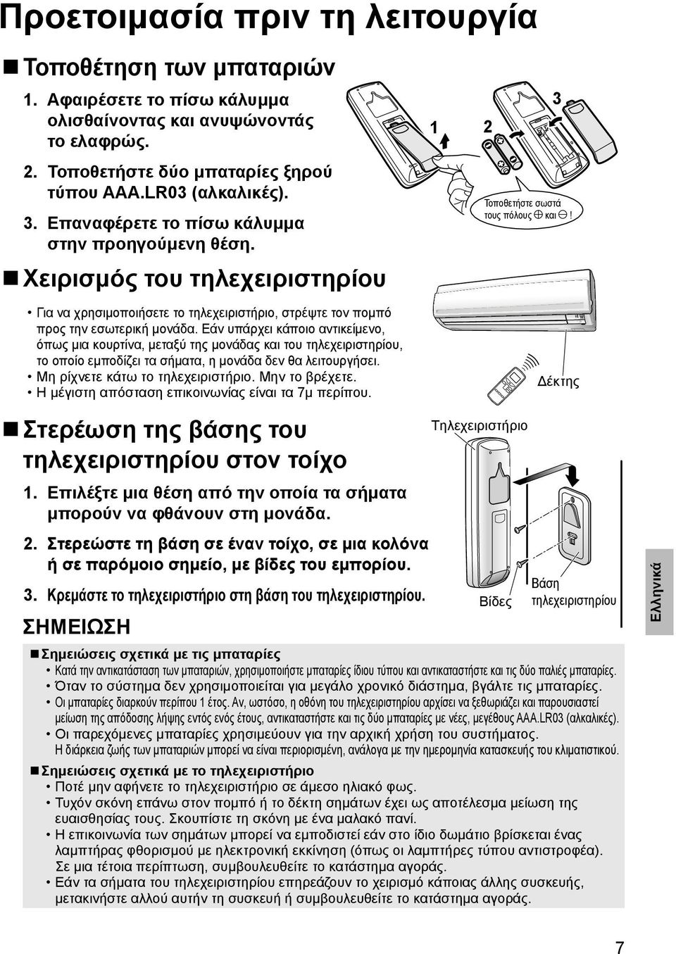 Εάν υπάρχει κάποιο αντικείμενο, όπως μια κουρτίνα, μεταξύ της μονάδας και του τηλεχειριστηρίου, το οποίο εμποδίζει τα σήματα, η μονάδα δεν θα λειτουργήσει. Μη ρίχνετε κάτω το τηλεχειριστήριο.