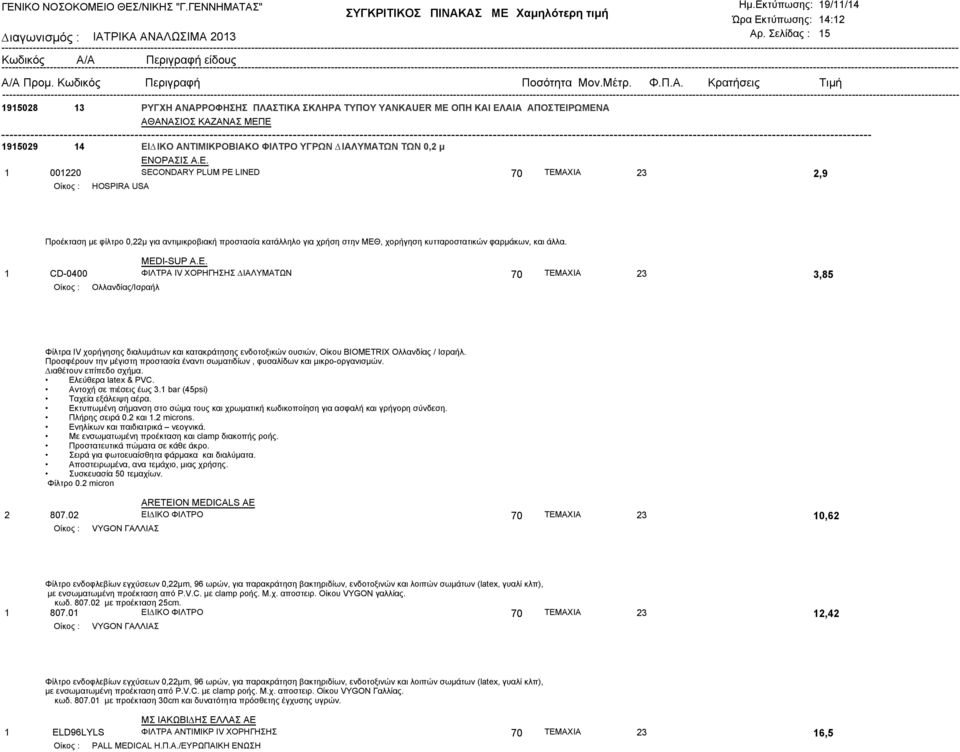 ΕΝΟΡΑΣΙΣ Α.Ε. 1 001220 SECONDARY PLUM PE LINED 70 ΤΕΜΑΧΙΑ 23 2,9 HOSPIRA USA Προέκταση µε φίλτρο 0,22µ για αντιµικροβιακή προστασία κατάλληλο για χρήση στην ΜΕΘ, χορήγηση κυτταροστατικών φαρµάκων, και άλλα.