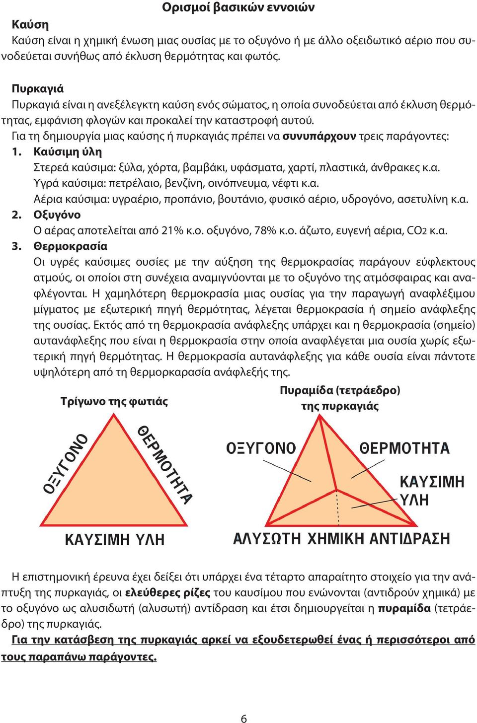 Για τη δημιουργία μιας καύσης ή πυρκαγιάς πρέπει να συνυπάρχουν τρεις παράγοντες: 1. Καύσιμη ύλη Στερεά καύσιμα: ξύλα, χόρτα, βαμβάκι, υφάσματα, χαρτί, πλαστικά, άνθρακες κ.α. Υγρά καύσιμα: πετρέλαιο, βενζίνη, οινόπνευμα, νέφτι κ.