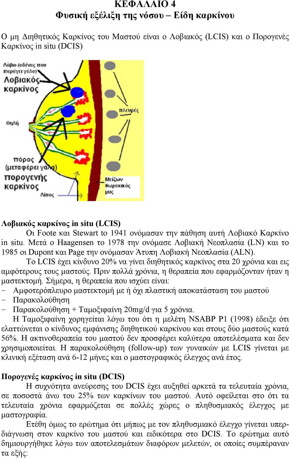 To LCIS έχει κίνδυνο 20% να γίνει διηθητικός καρκίνος στα 20 χρόνια και εις αμφότερους τους μαστούς. Πριν πολλά χρόνια, η θεραπεία που εφαρμόζονταν ήταν η μαστεκτομή.