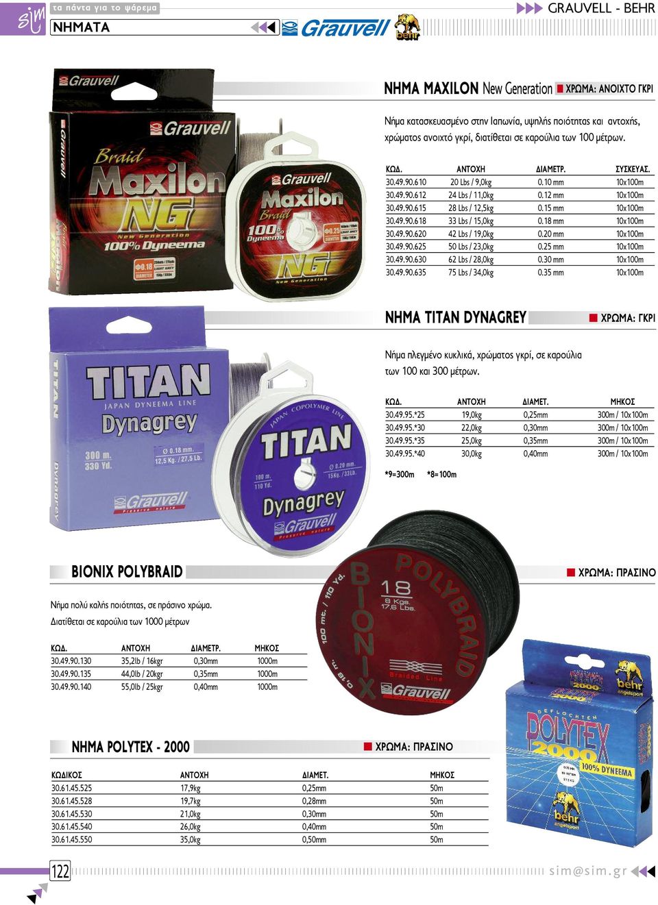 18 mm 10x100m 30.49.90.620 42 Lbs / 19,0kg 0.20 mm 10x100m 30.49.90.625 50 Lbs / 23,0kg 0.25 mm 10x100m 30.49.90.630 62 Lbs / 28,0kg 0.30 mm 10x100m 30.49.90.635 75 Lbs / 34,0kg 0.