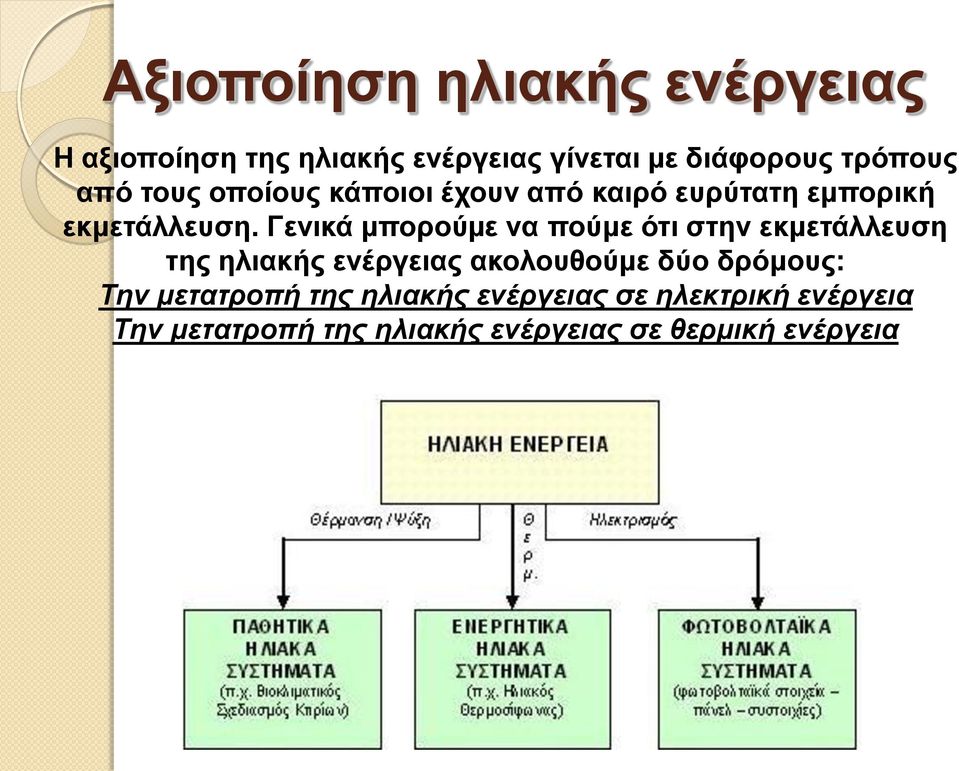 Γενικά µπορούµε να πούμε ότι στην εκμετάλλευση της ηλιακής ενέργειας ακολουθούμε δύο δρόμους: