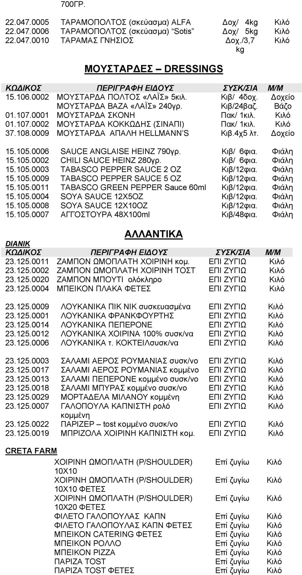 0009 MOYΣΤΑΡΔΑ ΑΠΑΛΗ HELLMANN S Κιβ.4χ5 λτ. Δοχείο 15.105.0006 SAUCE ANGLAISE HEINZ 790γρ. Κιβ/ 6φια. Φιάλη 15.105.0002 CHILI SAUCE HEINZ 280γρ. Κιβ/ 6φια. Φιάλη 15.105.0003 TABASCO PEPPER SAUCE 2 OZ Κιβ/12φια.