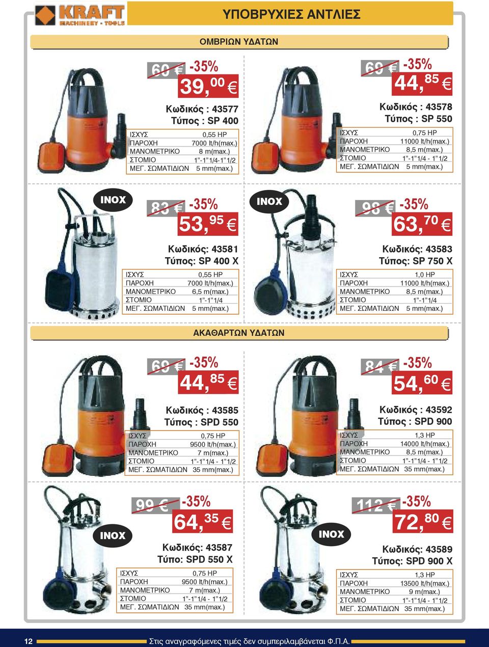 ) INOX 83-35% Êùäéêüò: 43581 Ôýðïò: SP 400 X ÉΣΧΥΣ 0,55 HP ΠΑΡΟΧΗ 7000 lt/h(max.) ΜΑΝΟΜΕΤΡΙΚΟ 6,5 m(max.) ΣΤΟΜΙΟ 1-1 1/4 ΜΕΓ. ΣΩΜΑΤΙΔΙΩΝ 5 mm(max.