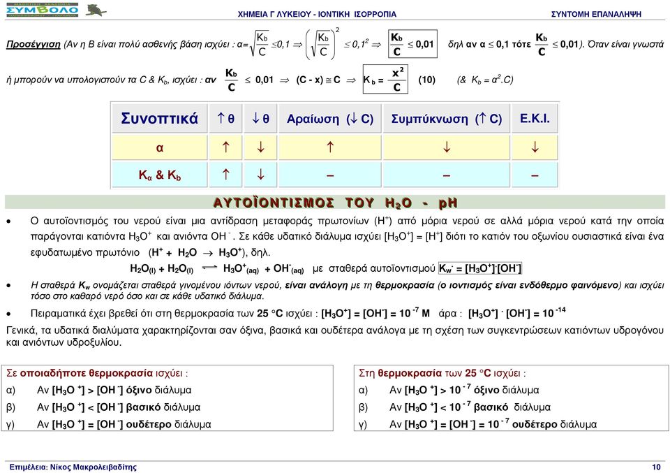 α Κ α & Κ b ΑΥΤΟ ÏÏΟΝΤΙΙΣΜΟΣ ΤΟΥ Η 22 Ο p H O αυτοïοντισµός του νερού είναι µια αντίδραση µεταφοράς πρωτονίων (Η ) από µόρια νερού σε αλλά µόρια νερού κατά την οποία παράγονται κατιόντα Η 3 Ο και