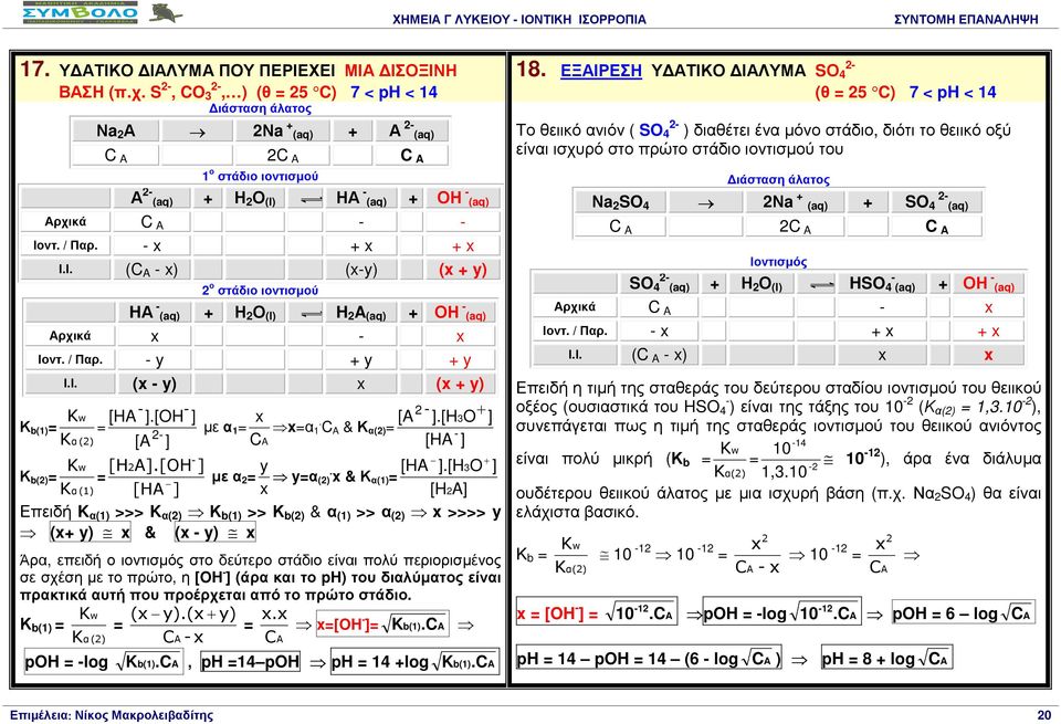 ντ. / Παρ. Ι.Ι. ( A ) (y) ( y) 2 ο στάδιο ιοντισµού HΑ (aq) Η 2 Ο (l) H 2 A (aq) ΟΗ (aq) Αρχικά Ιοντ. / Παρ. y y y Ι.Ι. ( y) ( y) w [HA ].[OH ] Κ b(1) = = KΚ 2 α(2) [A ] µε α 1 =.