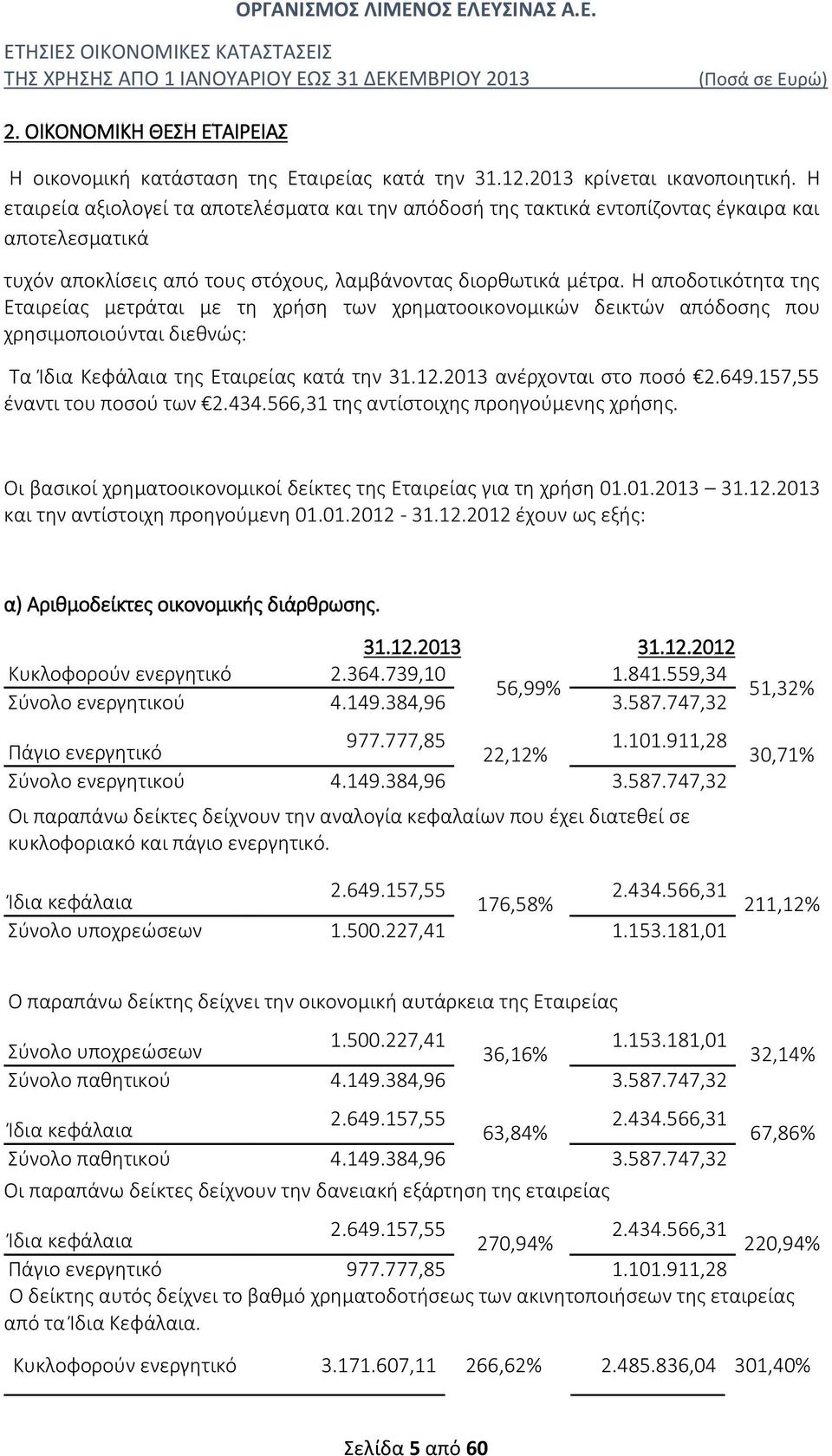 Η αποδοτικότητα της Εταιρείας μετράται με τη χρήση των χρηματοοικονομικών δεικτών απόδοσης που χρησιμοποιούνται διεθνώς: Τα Ίδια Κεφάλαια της Εταιρείας κατά την 31.12.2013 ανέρχονται στο ποσό 2.649.