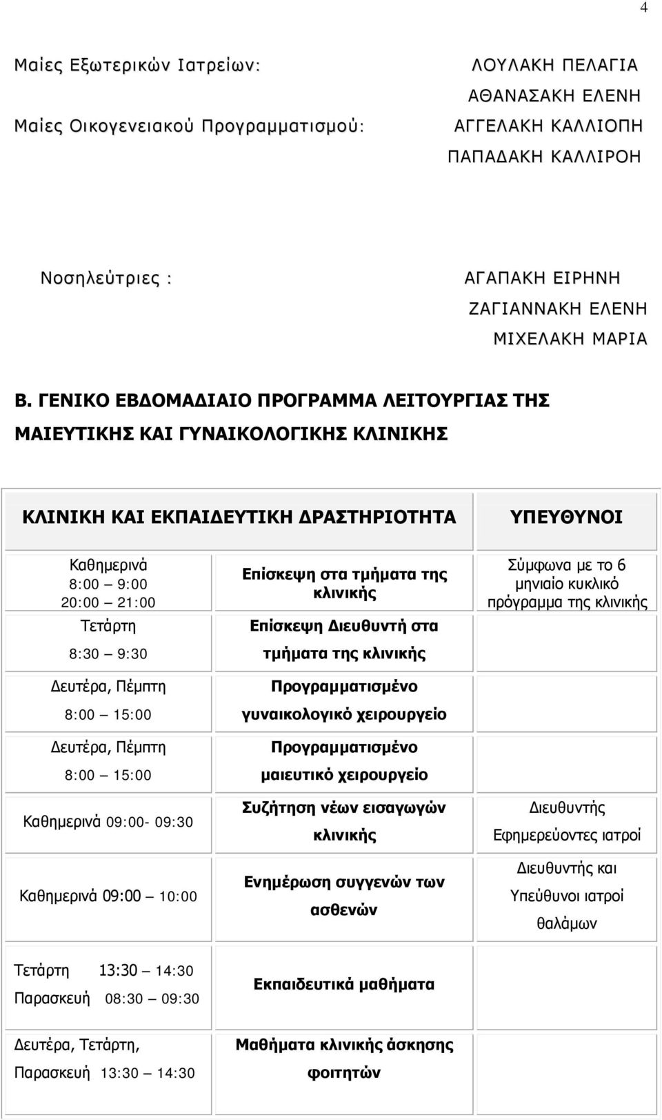 8:00 15:00 Δευτέρα, Πέμπτη 8:00 15:00 Καθημερινά 09:00-09:30 Καθημερινά 09:00 10:00 Επίσκεψη στα τμήματα της κλινικής Επίσκεψη Διευθυντή στα τμήματα της κλινικής Προγραμματισμένο γυναικολογικό