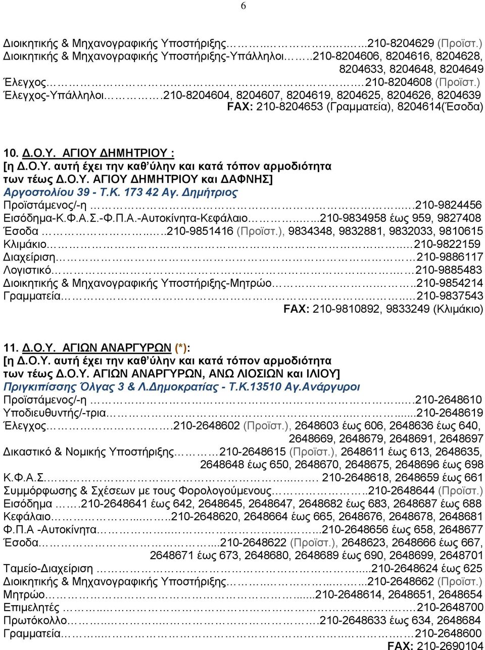 K. 173 42 Aγ. Δημήτριος Προϊστάμενος/-η...210-9824456 Eισόδημα-K.Φ.Α.Σ.-Φ.Π.Α.-Αυτοκίνητα-Κεφάλαιο.....210-9834958 έως 959, 9827408 Έσοδα....210-9851416 (Προϊστ.