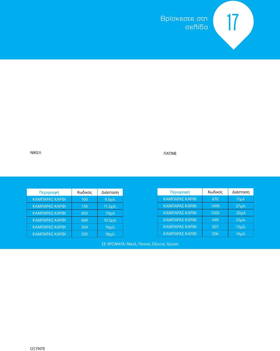 Περιγραφή Κωδικός Διάσταση ΚΑΜΠΑΡΑΣ ΚΑΡΦΙ 670 11χιλ. ΚΑΜΠΑΡΑΣ ΚΑΡΦΙ 1499 27χιλ.