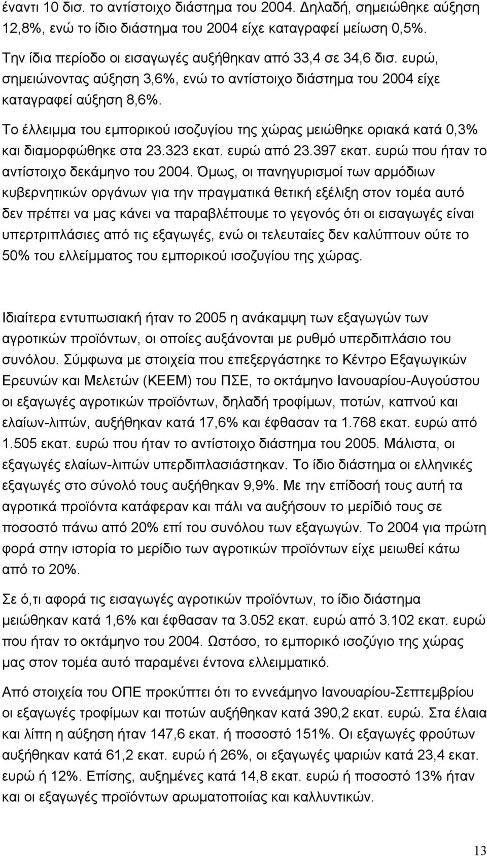 Το έλλειμμα του εμπορικού ισοζυγίου της χώρας μειώθηκε οριακά κατά 0,3% και διαμορφώθηκε στα 23.323 εκατ. ευρώ από 23.397 εκατ. ευρώ που ήταν το αντίστοιχο δεκάμηνο του 2004.