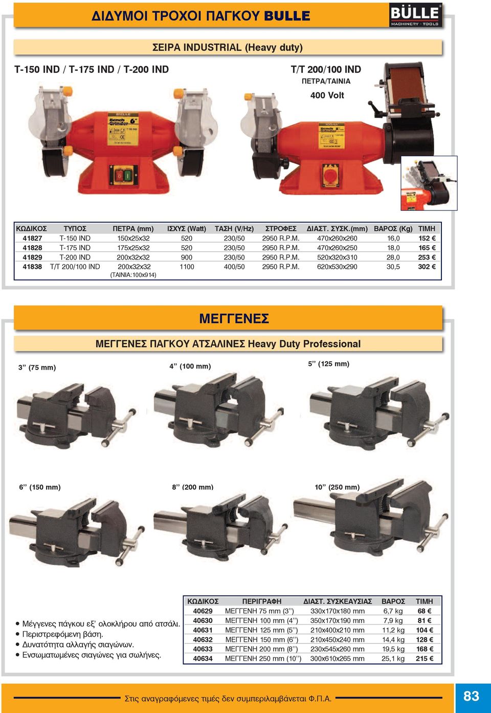 P.M. 520x320x310 28,0 253 41838 T/T 200/100 IND 200x32x32 1100 400/50 2950 R.P.M. 620x530x290 30,5 302 (ΤΑΙΝΙΑ:100x914) ΜΕΓΓΕΝΕΣ ΜΕΓΓΕΝΕΣ ΠΑΓΚΟΥ ΑΤΣΑΛΙΝΕΣ Heavy Duty Professional 3 (75 mm) 4 (100 mm)