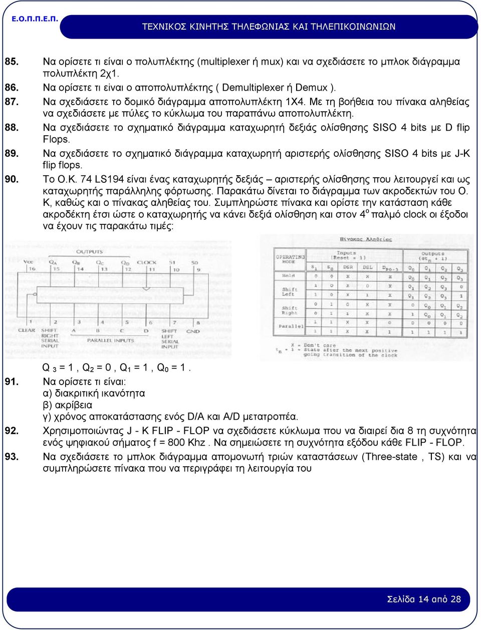 Να σχεδιάσετε το σχηματικό διάγραμμα καταχωρητή δεξιάς ολίσθησης SISO 4 bits με D flip Flops. 89. Να σχεδιάσετε το σχηματικό διάγραμμα καταχωρητή αριστερής ολίσθησης SISO 4 bits με J-K flip flops. 90.