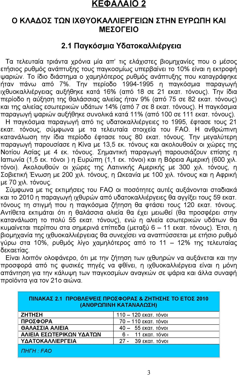 Το ίδιο διάστημα ο χαμηλότερος ρυθμός ανάπτυξης που καταγράφηκε ήταν πάνω από 7%. Την περίοδο 1994-1995 η παγκόσμια παραγωγή ιχθυοκαλλιέργειας αυξήθηκε κατά 16% (από 18 σε 21 εκατ. τόνους).