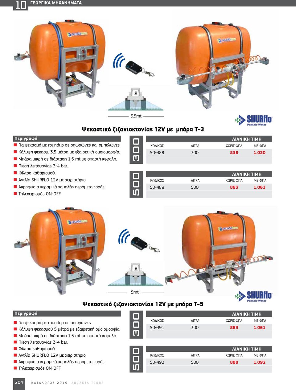 Αντλία SHURFLO 12V με χειριστήριο Ακροφύσια κεραμικά χαμηλής αερομεταφοράς Τηλεχειρισμός ΟΝ-ΟFF Περιγραφή Για ψεκασμό με roundup σε οπωρώνες Κάλυψη ψεκασμού 5 μέτρα με εξαιρετική ομοιομορφία.