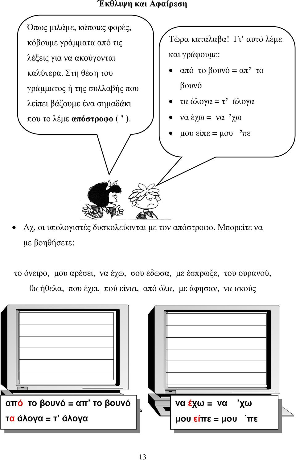 Γι αυτό λέµε και γράφουµε: από το βουνό = απ το βουνό τα άλογα = τ άλογα να έχω = να χω µου είπε = µου πε Αχ, οι υπολογιστές δυσκολεύονται µε τον