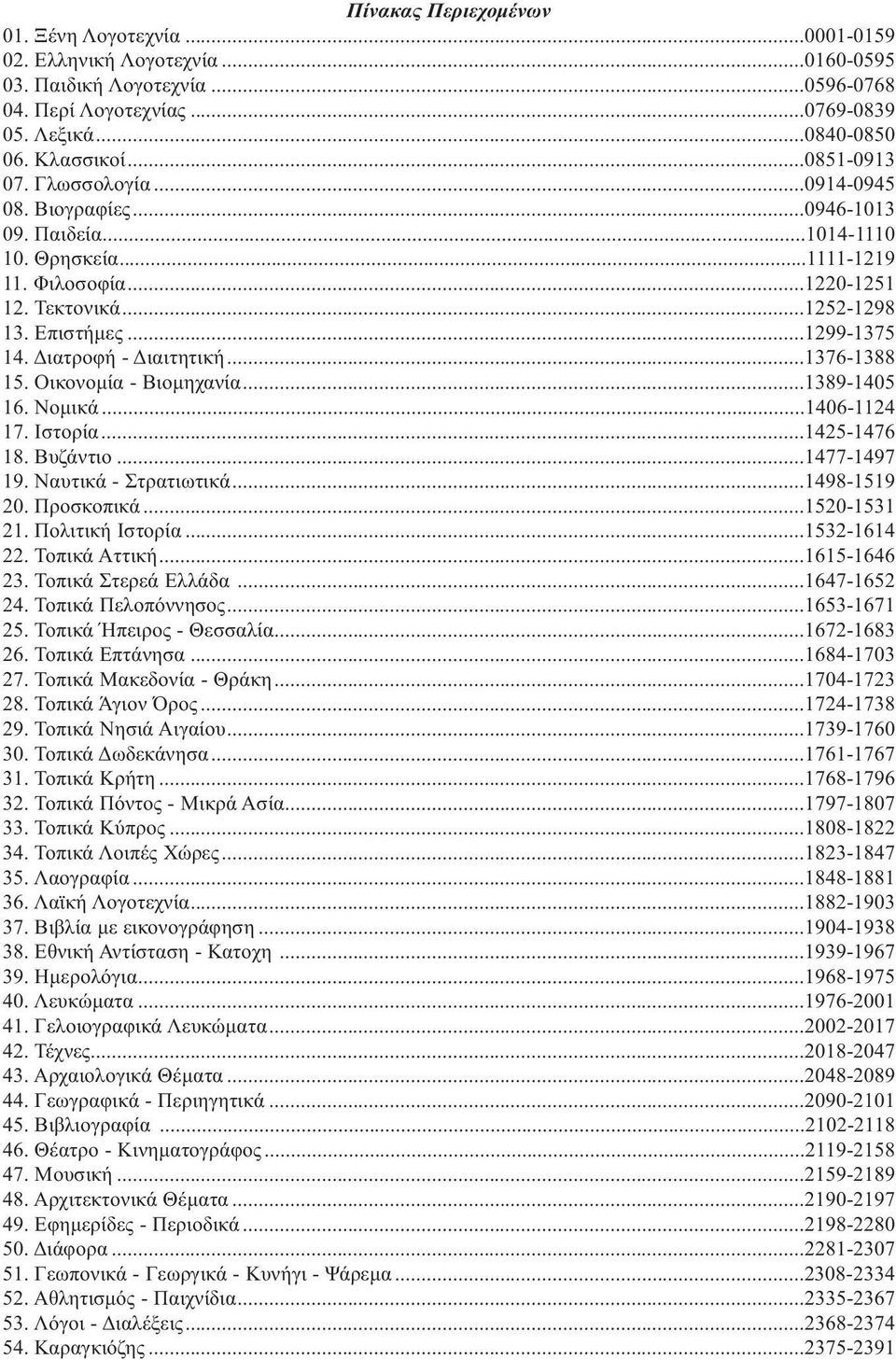 Διατροφή - Διαιτητική...1376-1388 15. Οικονομία - Βιομηχανία...1389-1405 16. Νομικά...1406-1124 17. Ιστορία...1425-1476 18. Βυζάντιο...1477-1497 19. Ναυτικά - Στρατιωτικά...1498-1519 20. Προσκοπικά.