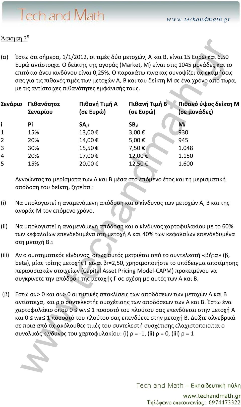 Ο παρακάτω πίνακας συνοψίζει τις εκτιμήσεις σας για τις πιθανές τιμές των μετοχών Α, Β και του δείκτη Μ σε ένα χρόνο από τώρα, με τις αντίστοιχες πιθανότητες εμφάνισής τους.