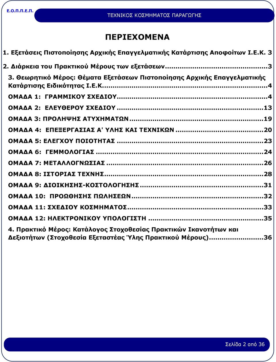 .. 19 ΟΜΑΔΑ 4: ΕΠΕΞΕΡΓΑΣΙΑΣ Α' ΥΛΗΣ ΚΑΙ ΤΕΧΝΙΚΩΝ... 20 ΟΜΑΔΑ 5: ΕΛΕΓΧΟΥ ΠΟΙΟΤΗΤΑΣ... 23 ΟΜΑΔΑ 6: ΓΕΜΜΟΛΟΓΙΑΣ... 24 ΟΜΑΔΑ 7: ΜΕΤΑΛΛΟΓΝΩΣΙΑΣ... 26 ΟΜΑΔΑ 8: ΙΣΤΟΡΙΑΣ ΤΕΧΝΗΣ.