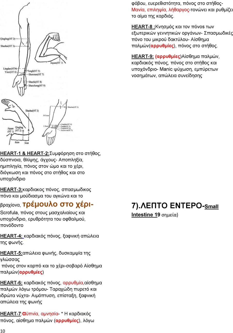 HEART-9: (αρρυθμίες)αίσθημα παλμών, καρδιακός πόνος, πόνος στο στήθος και υποχόνδριο- Manic ψύχωση, εμπύρετων νοσημάτων, απώλεια συνείδησης ΗEART-1 & HEART-2:Συμφόρηση στο στήθος, δύσπνοια, θλίψης,