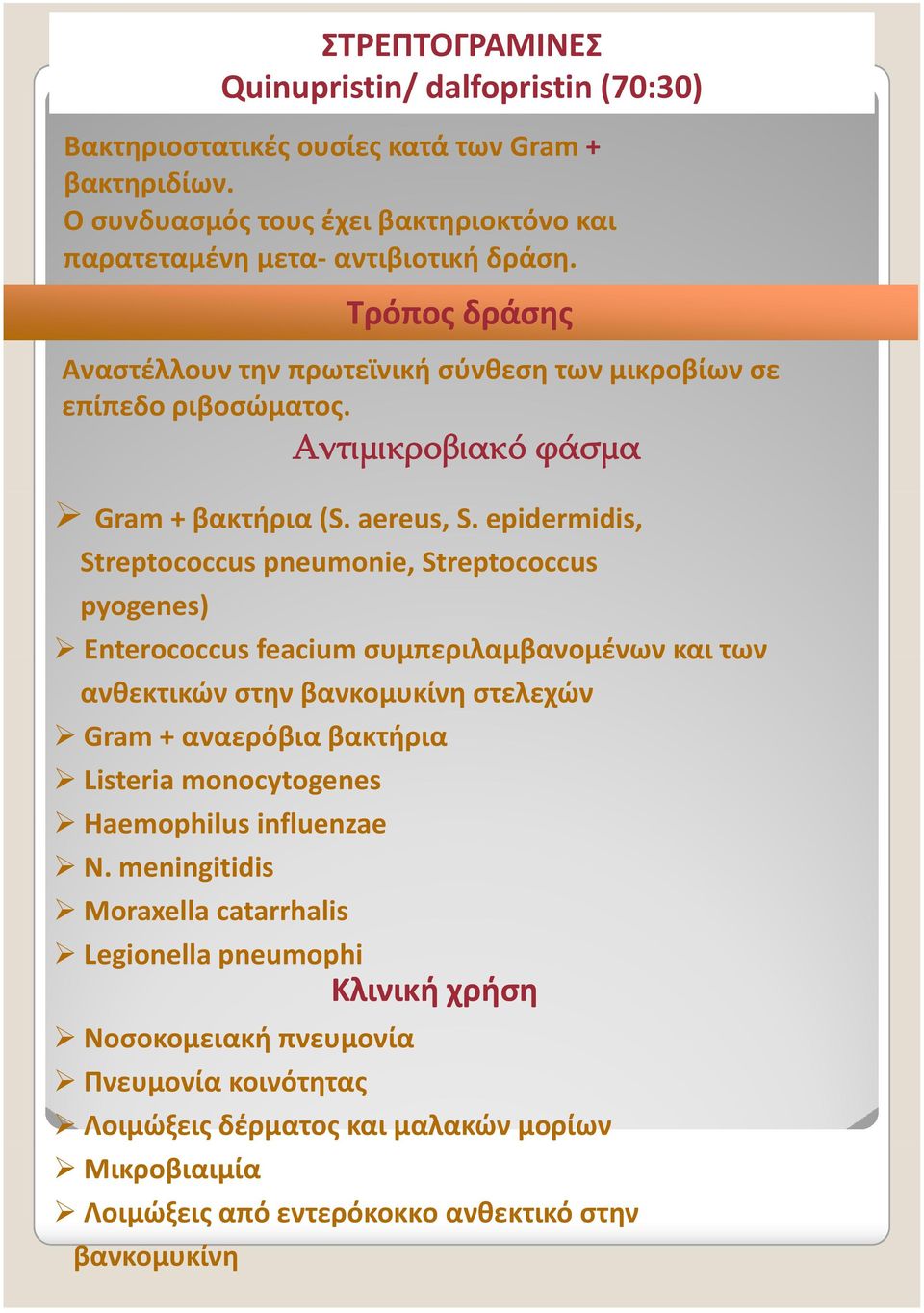 epidermidis, Streptococcus pneumonie, Streptococcus pyogenes) Enterococcus feacium συμπεριλαμβανομένων και των ανθεκτικών στην βανκομυκίνη στελεχών Gram + αναερόβια βακτήρια Listeria