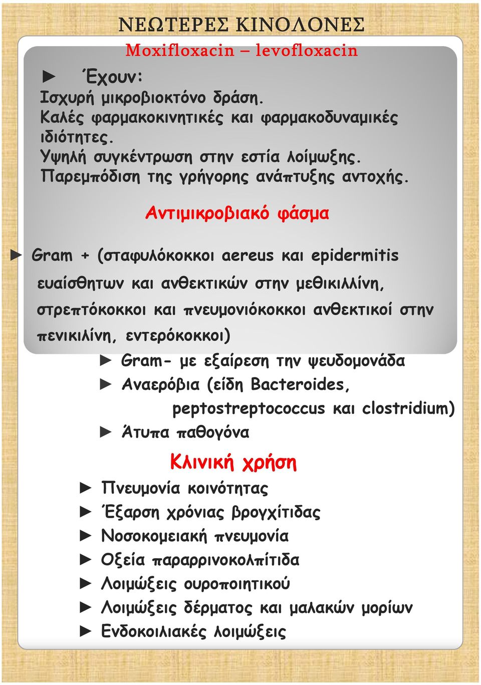 Αντιμικροβιακό φάσμα Gram + (σταφυλόκοκκοι aereus και epidermitis ευαίσθητων και ανθεκτικών στην μεθικιλλίνη, στρεπτόκοκκοι και πνευμονιόκοκκοι ανθεκτικοί στην πενικιλίνη,