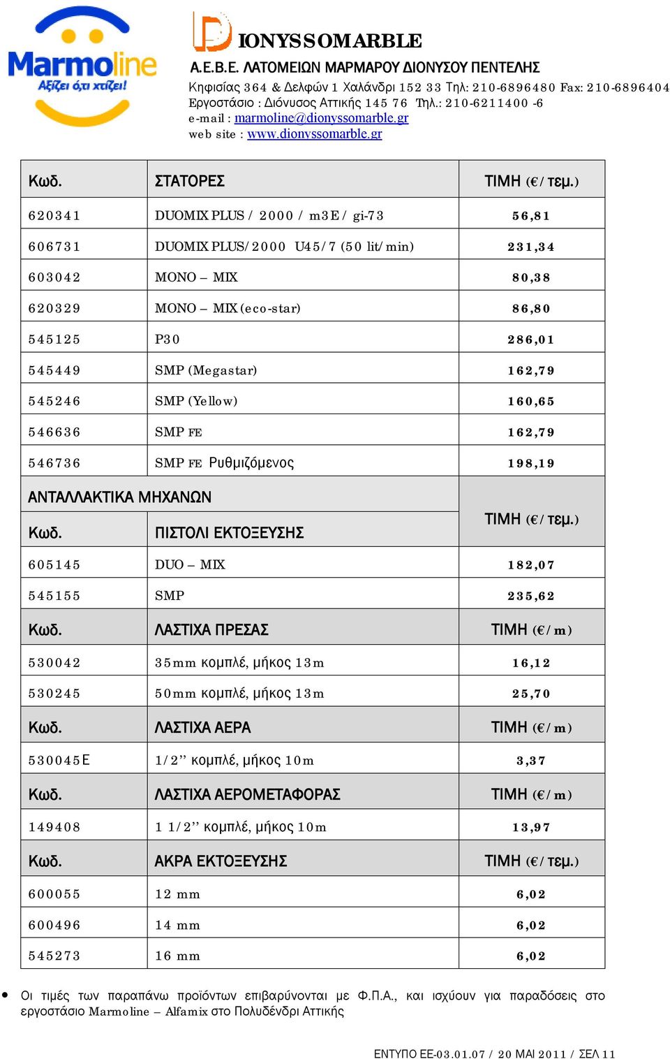 545246 SMP (Yellow) 160,65 546636 SMP FE 162,79 546736 SMP FE Ρυθμιζόμενος 198,19 ΑΝΤΑΛΛΑΚΤΙΚΑ ΜΗΧΑΝΩΝ Κωδ. ΠΙΣΤΟΛΙ ΕΚΤΟΞΕΥΣΗΣ ( /τεμ.) 605145 DUO MIX 182,07 545155 SMP 235,62 Κωδ.