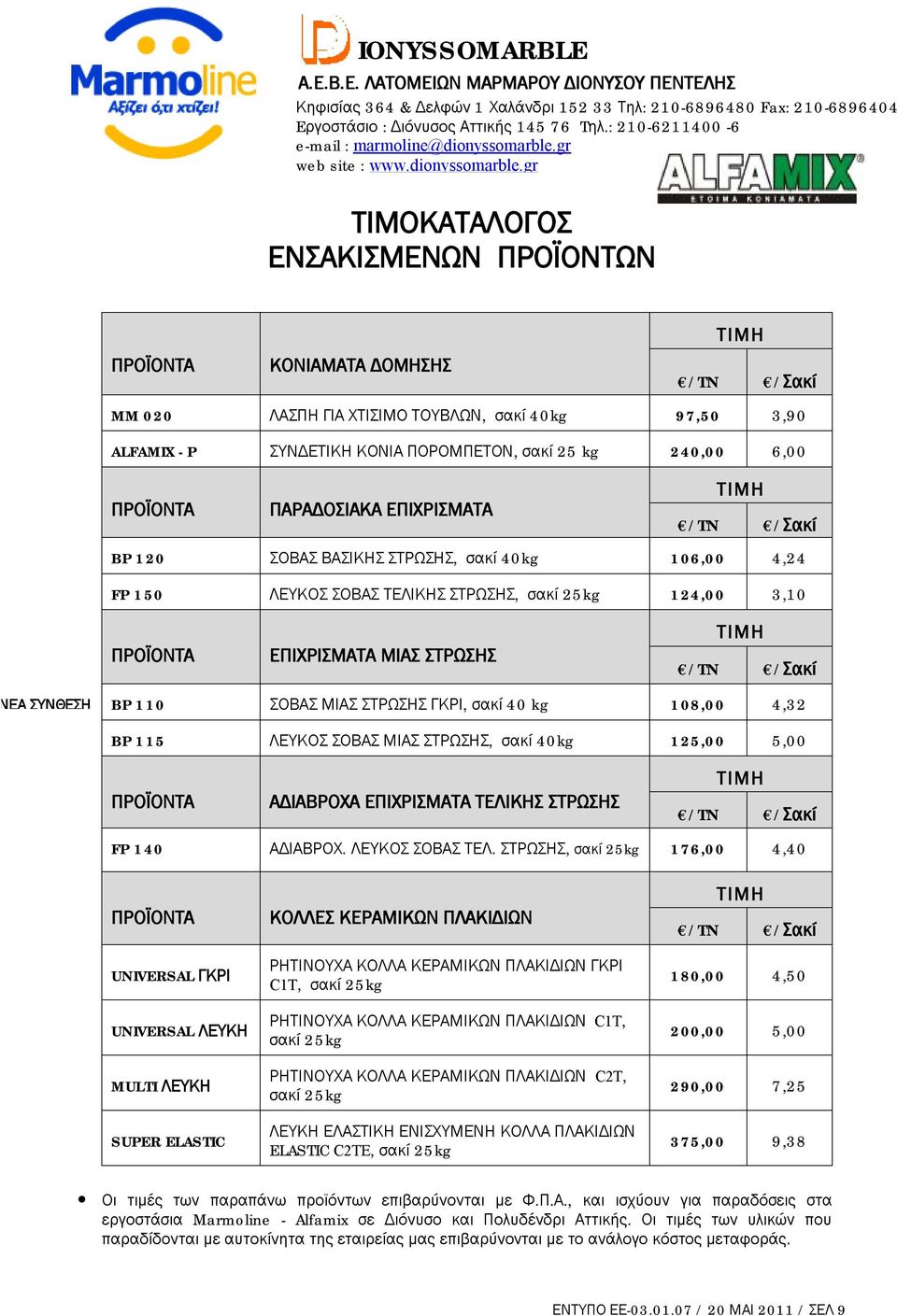 ΛΕΥΚΟΣ ΣΟΒΑΣ ΜΙΑΣ ΣΤΡΩΣΗΣ, σακί 40kg 125,00 5,00 ΑΔΙΑΒΡΟΧΑ ΕΠΙΧΡΙΣΜΑΤΑ ΤΕΛΙΚΗΣ ΣΤΡΩΣΗΣ FP 140 ΑΔΙΑΒΡΟΧ. ΛΕΥΚΟΣ ΣΟΒΑΣ ΤΕΛ.