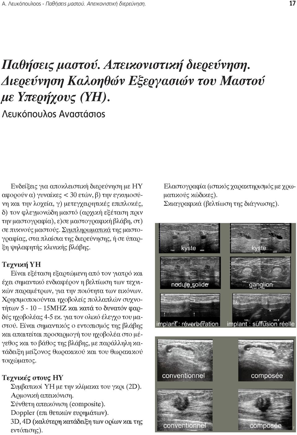 εξέταση πριν την μαστογραφία), ε)σε μαστογραφική βλάβη, στ) σε πυκνούς μαστούς. Συμπληρωματικά της μαστογραφίας, στα πλαίσια της διερεύνησης, ή σε ύπαρξη ψηλαφητής κλινικής βλάβης.