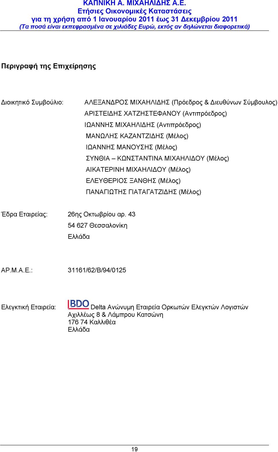 ΜΙΧΑΗΛΙΔΟΥ (Μέλος) ΕΛΕΥΘΕΡΙΟΣ ΞΑΝΘΗΣ (Μέλος) ΠΑΝΑΓΙΩΤHΣ ΓΙΑΤΑΓΑΤΖΙΔΗΣ (Μέλος) Έδρα Εταιρείας: 26ης Οκτωβρίου αρ.