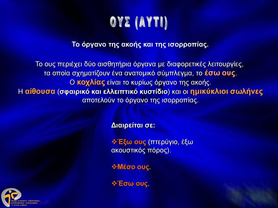 ανατομικό σύμπλεγμα, το έσω ους. Ο κοχλίας είναι το κυρίως όργανο της ακοής.