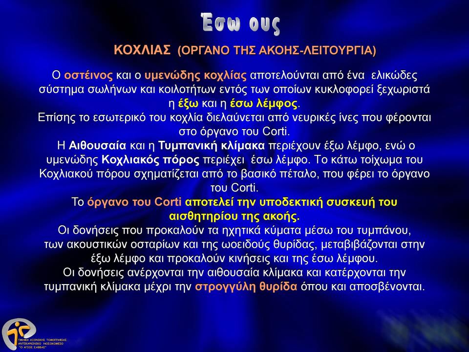 Η Αιθουσαία και η Τυμπανική κλίμακα περιέχουν έξω λέμφο, ενώ ο υμενώδης Κοχλιακός πόρος περιέχει έσω λέμφο.