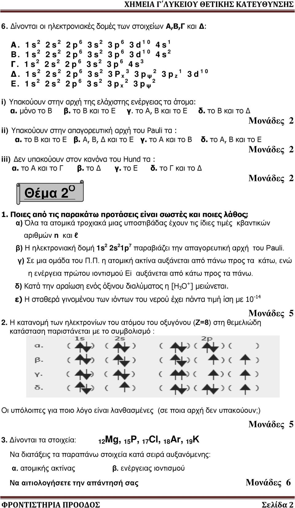 το Β και το Δ ii) Υπακούουν στην απαγορευτική αρχή του Pauli τα : α. το Β και το Ε β. Α, Β, Δ και το Ε γ. το Α και το Β δ. το Α, Β και το Ε iii) Δεν υπακούουν στον κανόνα του Hund τα : α.