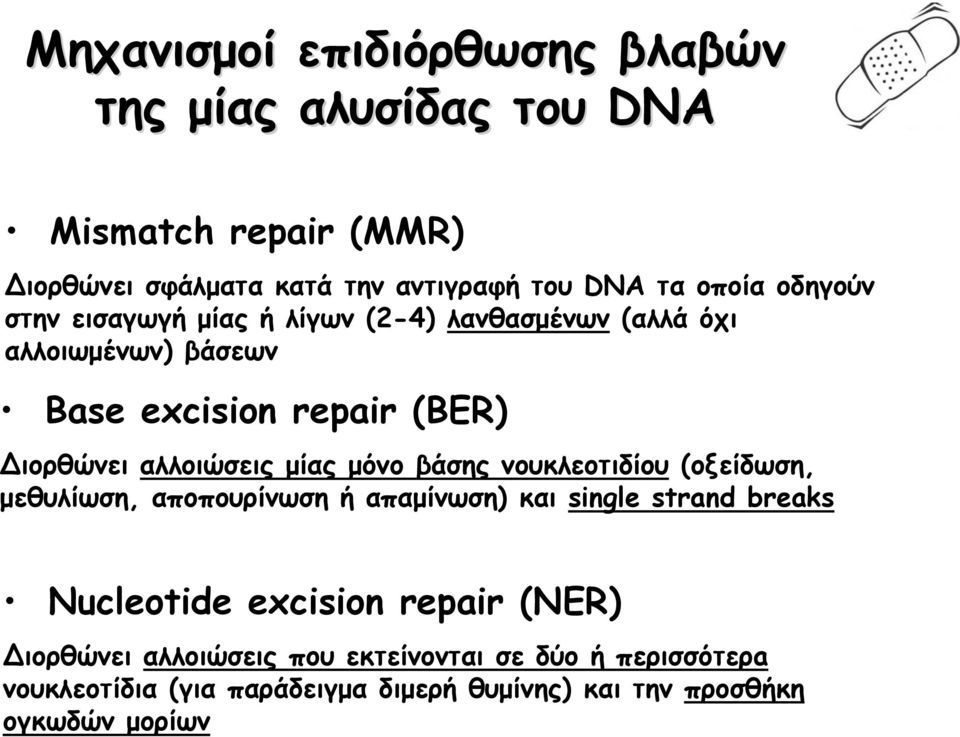 μίας μόνο βάσης νουκλεοτιδίου (οξείδωση, μεθυλίωση, αποπουρίνωση ή απαμίνωση) και single strand breaks Nucleotide excision repair