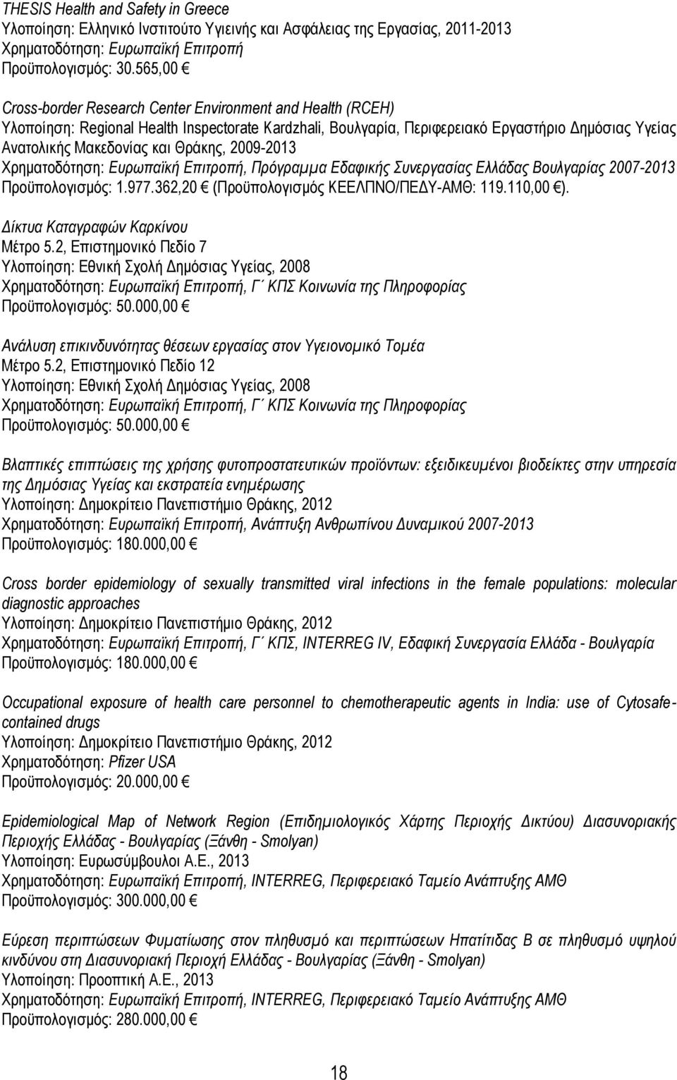 Θράκης, 2009-2013 Χρηματοδότηση: Ευρωπαϊκή Επιτροπή, Πρόγραμμα Εδαφικής Συνεργασίας Ελλάδας Βουλγαρίας 2007-2013 Προϋπολογισμός: 1.977.362,20 (Προϋπολογισμός ΚΕΕΛΠΝΟ/ΠΕΔΥ-ΑΜΘ: 119.110,00 ).