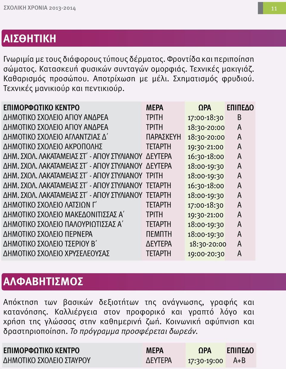 ΔΗΜΟΤΙΚΟ ΣΧΟΛΕΙΟ ΑΓΙΟΥ ΑΝΔΡΕΑ ΤΡΙΤΗ 17:00-18:30 Β ΔΗΜΟΤΙΚΟ ΣΧΟΛΕΙΟ ΑΓΙΟΥ ΑΝΔΡΕΑ ΤΡΙΤΗ 18:30-20:00 Α ΔΗΜΟΤΙΚΟ ΣΧΟΛΕΙΟ ΑΓΛΑΝΤΖΙΑΣ Δ ΠΑΡΑΣΚΕΥΗ 18:30-20:00 Α ΔΗΜΟΤΙΚΟ ΣΧΟΛΕΙΟ ΑΚΡΟΠΟΛΗΣ ΤΕΤΑΡΤΗ