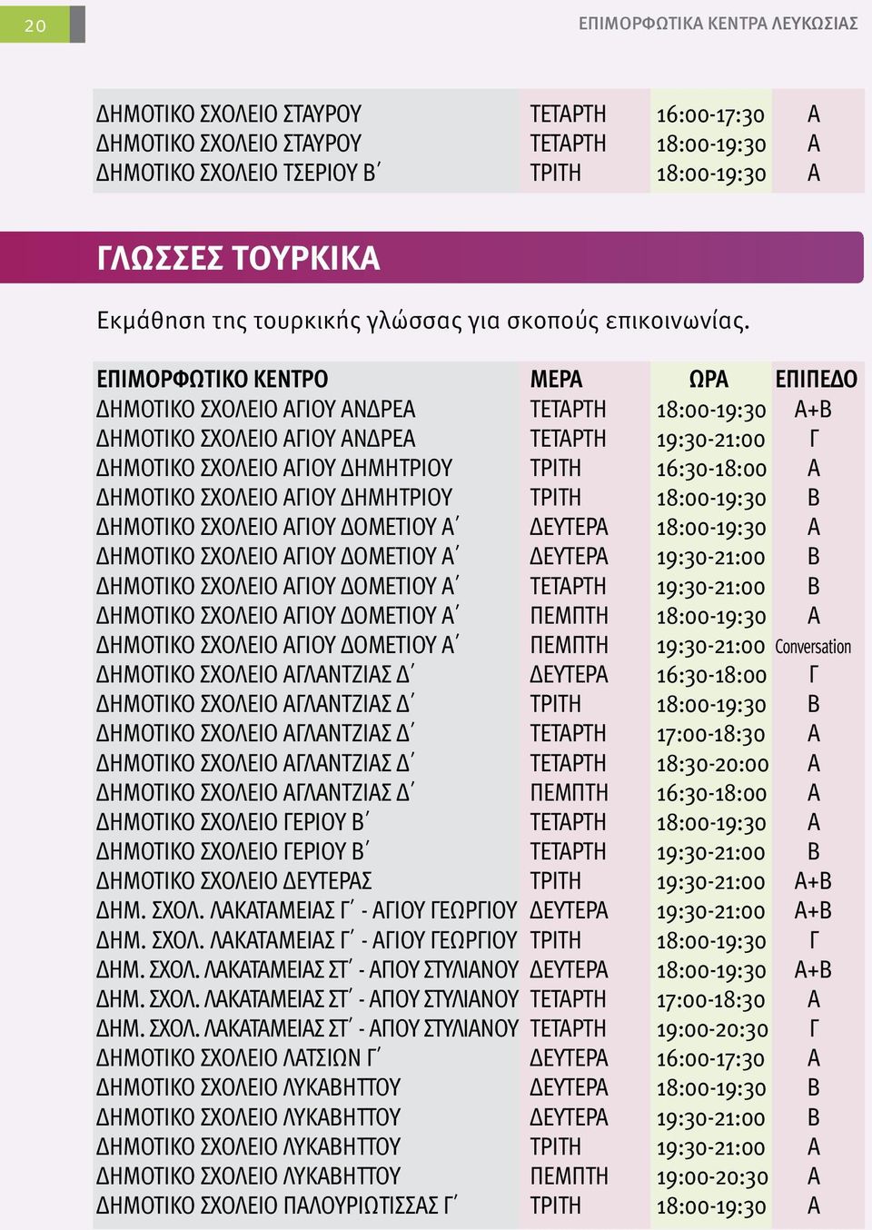 ΔΗΜΟΤΙΚΟ ΣΧΟΛΕΙΟ ΑΓΙΟΥ ΑΝΔΡΕΑ ΤΕΤΑΡΤΗ 18:00-19:30 Α+Β ΔΗΜΟΤΙΚΟ ΣΧΟΛΕΙΟ ΑΓΙΟΥ ΑΝΔΡΕΑ ΤΕΤΑΡΤΗ 19:30-21:00 Γ ΔΗΜΟΤΙΚΟ ΣΧΟΛΕΙΟ ΑΓΙΟΥ ΔΗΜΗΤΡΙΟΥ ΤΡΙΤΗ 16:30-18:00 Α ΔΗΜΟΤΙΚΟ ΣΧΟΛΕΙΟ ΑΓΙΟΥ ΔΗΜΗΤΡΙΟΥ ΤΡΙΤΗ