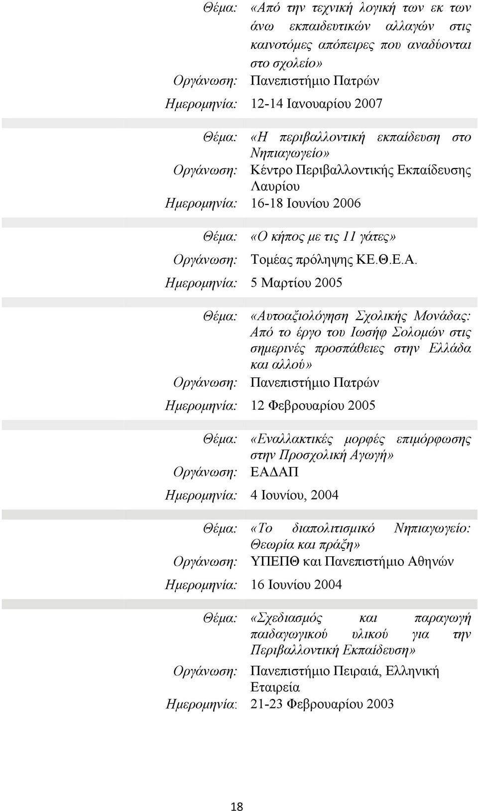 Ημερομηνία: 5 Μαρτίου 2005 Οργάνωση: «Αυτοαξιολόγηση Σχολικής Μονάδας: Από το έργο του Ιωσήφ Σολομών στις σημερινές προσπάθειες στην Ελλάδα και αλλού» Πανεπιστήμιο Πατρών Ημερομηνία: 12 Φεβρουαρίου