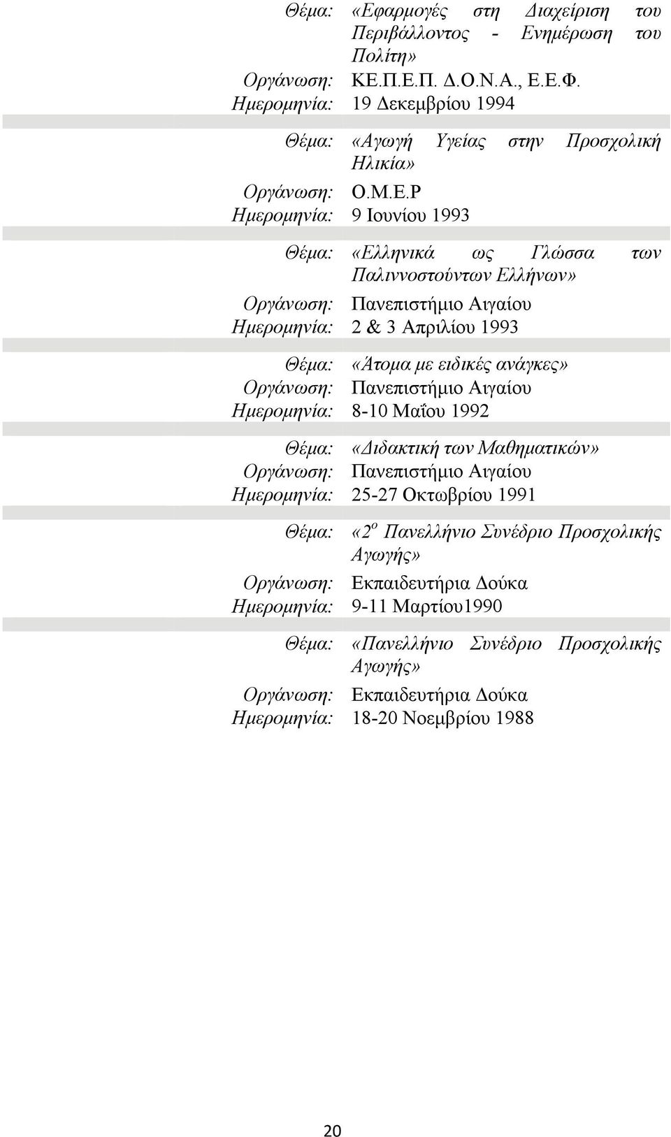 Ρ Ημερομηνία: 9 Ιουνίου 1993 «Ελληνικά ως Γλώσσα των Παλιννοστούντων Ελλήνων» Οργάνωση: Πανεπιστήμιο Αιγαίου Ημερομηνία: 2 & 3 Απριλίου 1993 «Άτομα με ειδικές ανάγκες» Οργάνωση: