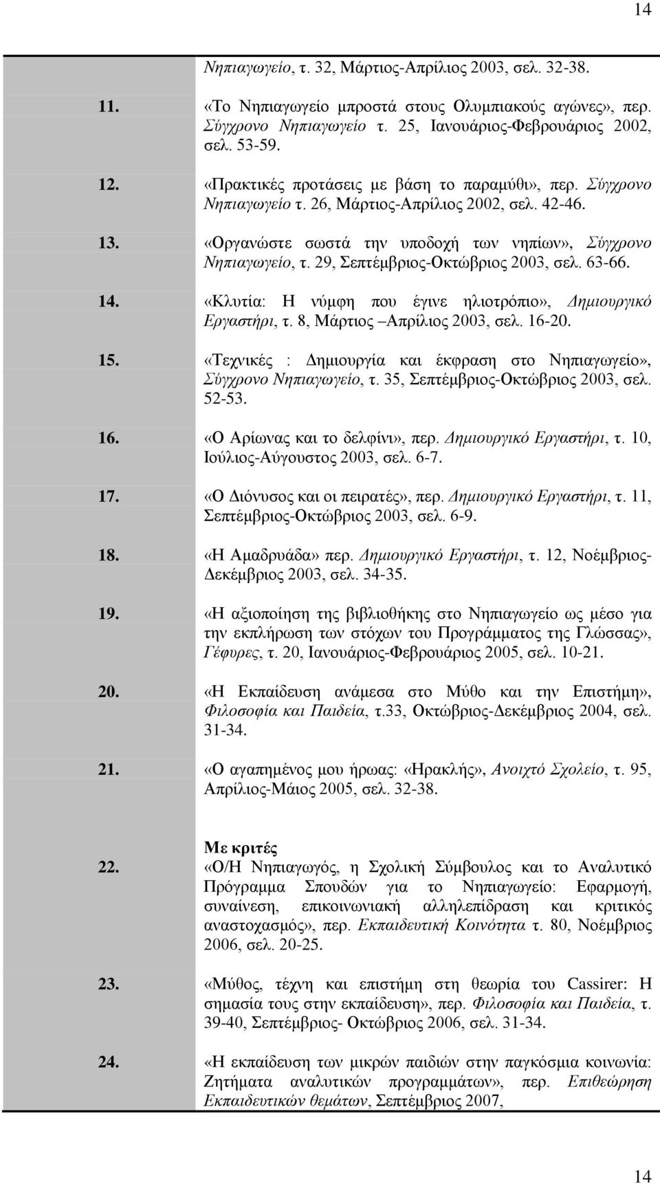 29, Σεπτέμβριος-Οκτώβριος 2003, σελ. 63-66. 14. «Κλυτία: Η νύμφη που έγινε ηλιοτρόπιο», Δημιουργικό Εργαστήρι, τ. 8, Μάρτιος Απρίλιος 2003, σελ. 16-20. 15.