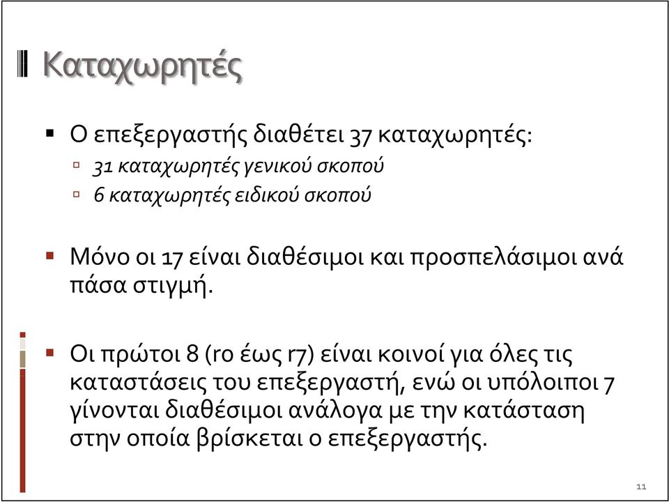 Οι πρώτοι 8 (r0 έως r7) είναι κοινοί για όλες τις καταστάσεις του επεξεργαστή, ενώ οι