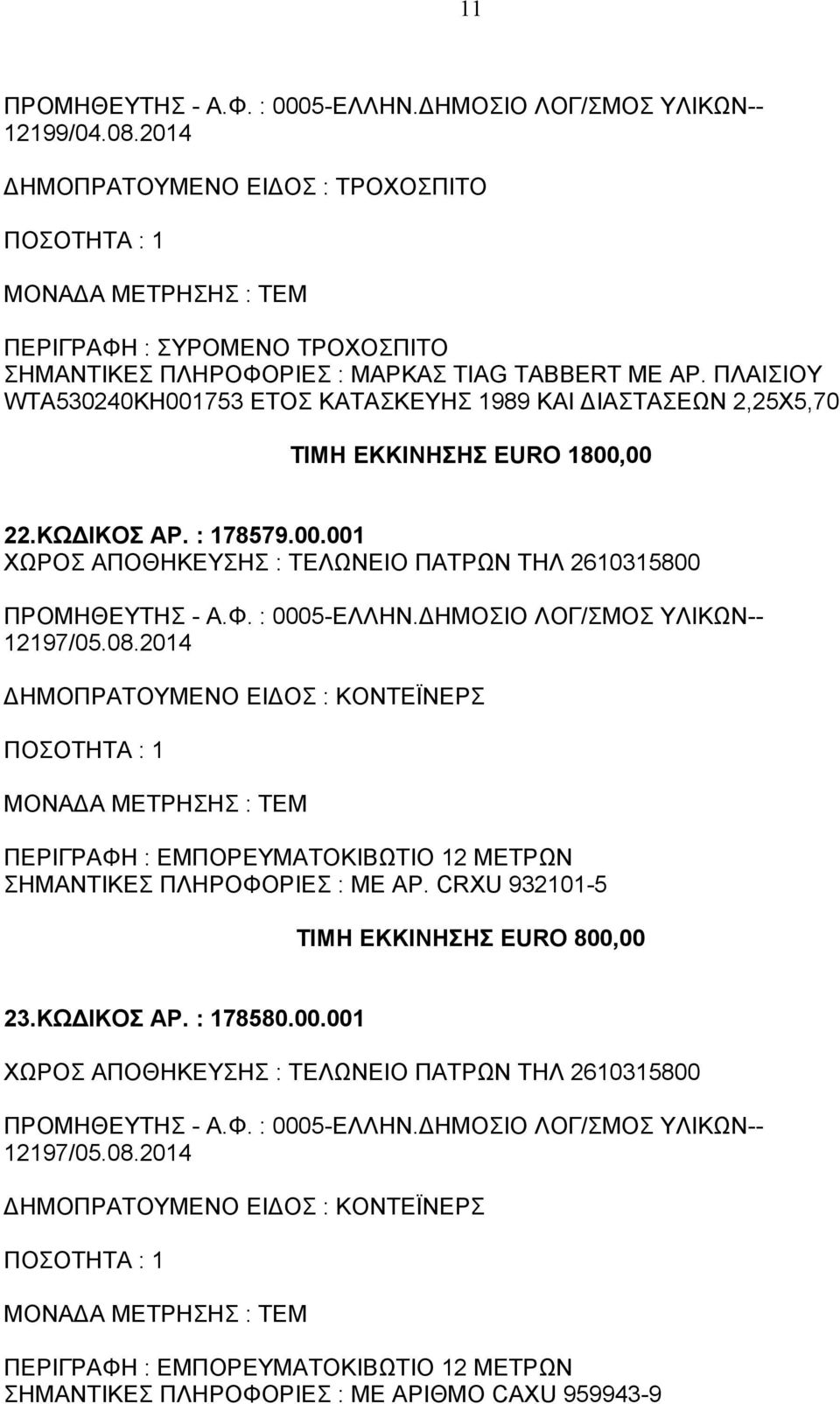 08.2014 ΔΗΜΟΠΡΑΤΟΥΜΕΝΟ ΕΙΔΟΣ : ΚΟΝΤΕΪΝΕΡΣ ΠΕΡΙΓΡΑΦΗ : ΕΜΠΟΡΕΥΜΑΤΟΚΙΒΩΤΙΟ 12 ΜΕΤΡΩΝ ΜΕ ΑΡ. CRXU 932101-5 ΤΙΜΗ ΕΚΚΙΝΗΣΗΣ EURO 800,