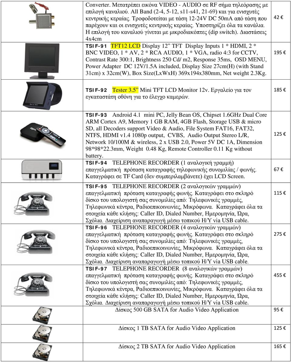 Διαστάσεις 4x4cm TSIF-91 TFT12 LCD Display 12 TFT Display Inputs 1 * HDMI, 2 * BNC VIDEO, 1 * AV, 2 * RCA AUDIO, 1 * VGA, radio 4:3 for CCTV, Contrast Rate 300:1, Brightness 250 Cd/ m2, Response