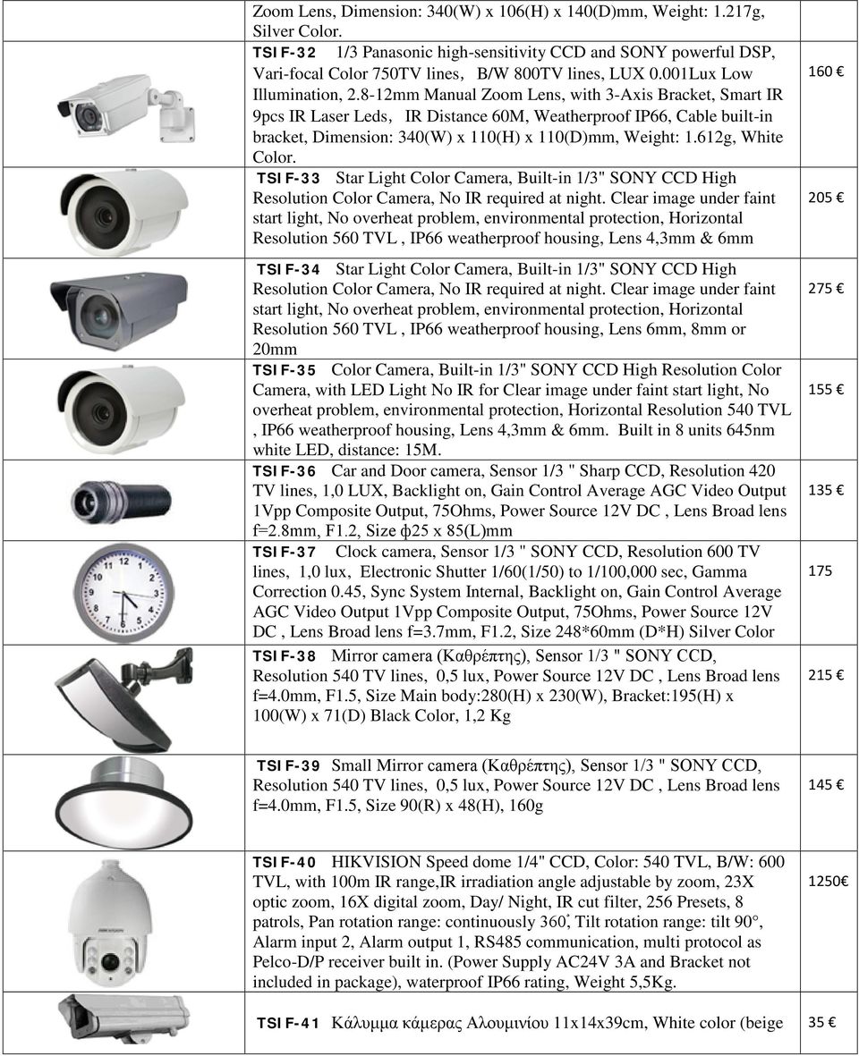 8-12mm Manual Zoom Lens, with 3-Axis Bracket, Smart IR 9pcs IR Laser Leds,IR Distance 60M, Weatherproof IP66, Cable built-in bracket, Dimension: 340(W) x 110(H) x 110(D)mm, Weight: 1.