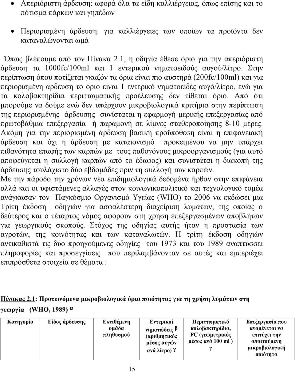 Στην περίπτωση όπου ποτίζεται γκαζόν τα όρια είναι πιο αυστηρά (200fc/100ml) και για περιορισμένη άρδευση το όριο είναι 1 εντερικό νηματοειδές αυγό/λίτρο, ενώ για τα κολοβακτηρίδια περιττωματικής