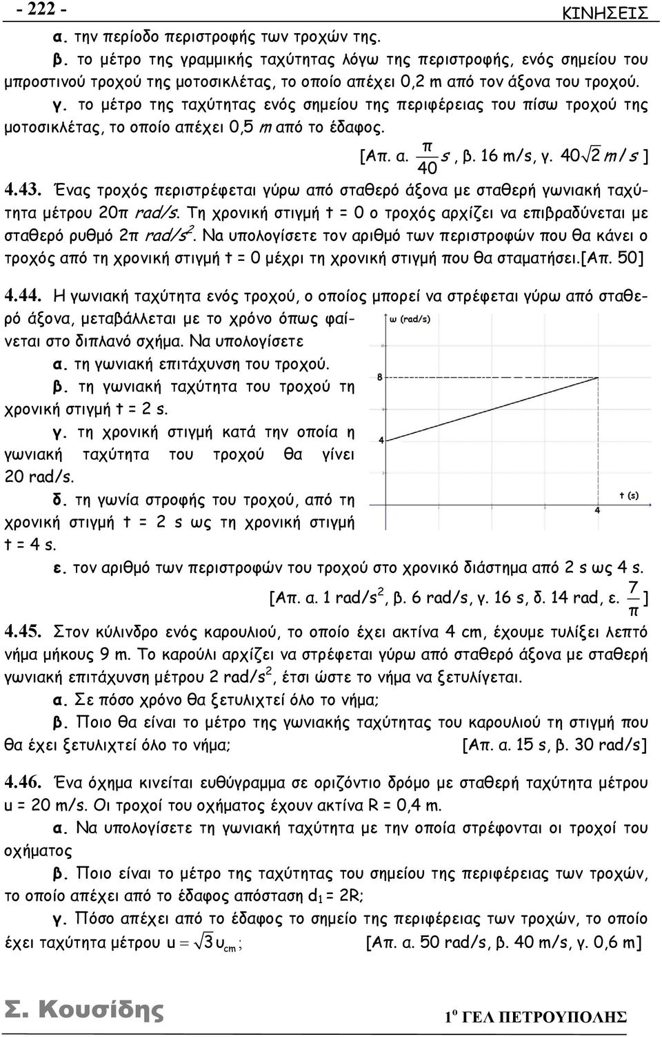 [Απ. α. π s, β. 16 m/s, γ. 40 / 40 m s ] 4.43. Ένας τροχός περιστρέφεται γύρω από σταθερό άξονα με σταθερή γωνιακή ταχύτητα μέτρου 0π rad/s.