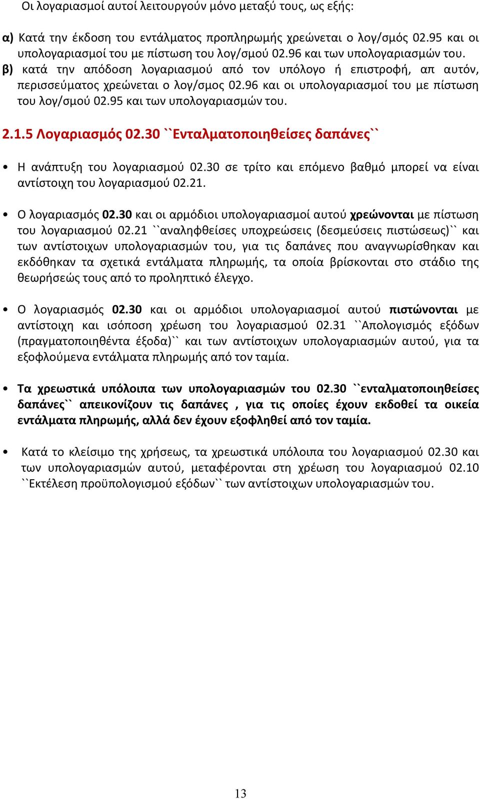 95 και των υπολογαριασμών του. 2.1.5 Λογαριασμός 02.30 ``Ενταλματοποιηθείσες δαπάνες`` Η ανάπτυξη του λογαριασμού 02.30 σε τρίτο και επόμενο βαθμό μπορεί να είναι αντίστοιχη του λογαριασμού 02.21.