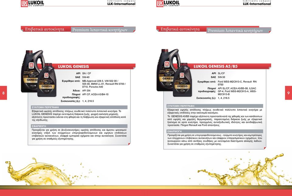 5 API SL/CF SAE 5W-30 Εγκρίθηκε από: Ford WSS-M2C913-C, Renault RN 0700 API SL/CF, ACEA A5/B5-08, ILSAC GF-4, Ford WSS-M2C913-А, WSS- M2C913-В Συσκευασίες (L): 1, 4, 216.