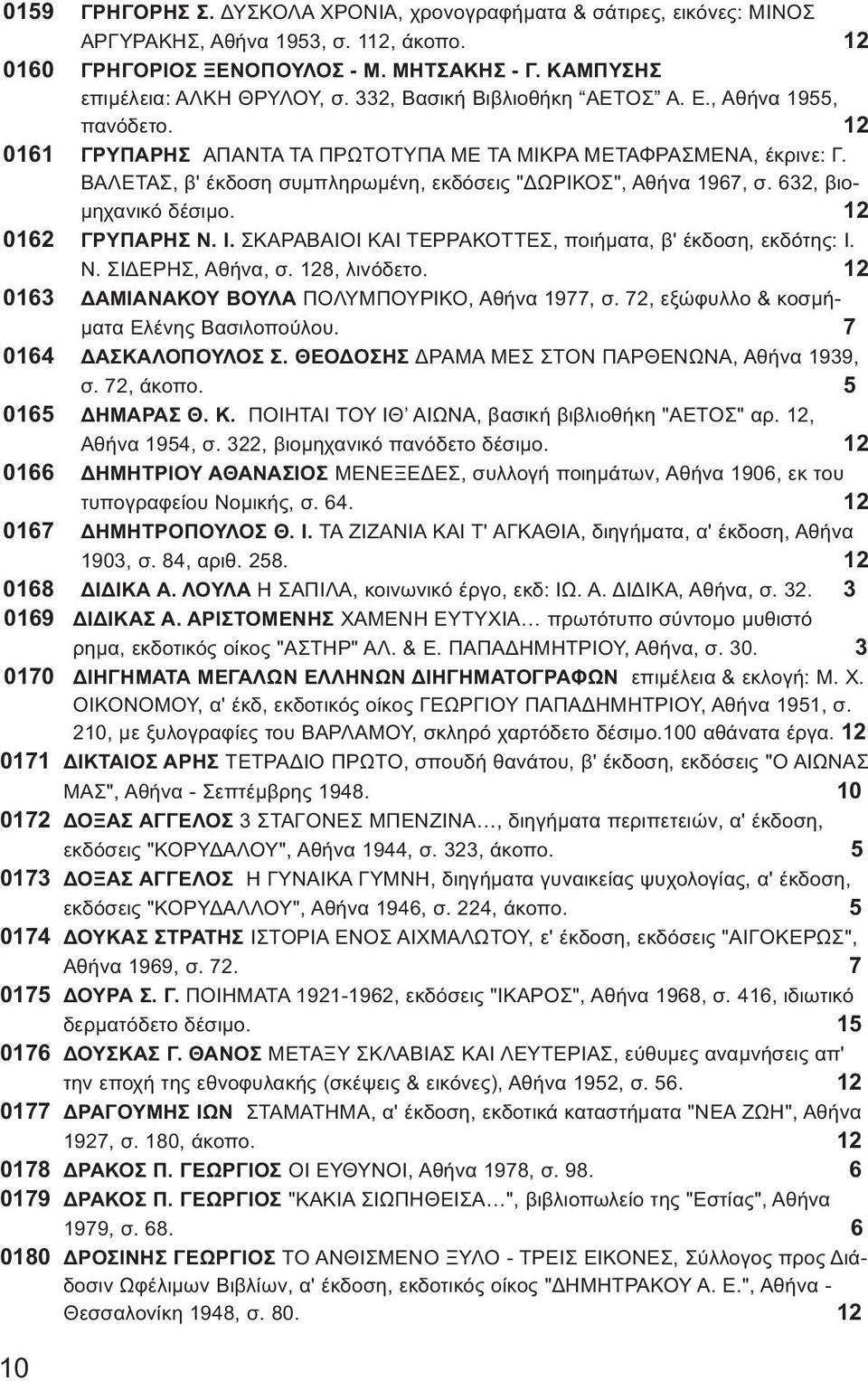 632, βιομηχανικό δέσιμο. 12 0162 ΓΡΥΠΑΡΗΣ Ν. Ι. ΣΚΑΡΑΒΑΙΟΙ ΚΑΙ ΤΕΡΡΑΚΟΤΤΕΣ, ποιήματα, β' έκδοση, εκδότης: Ι. Ν. ΣΙΔΕΡΗΣ, Αθήνα, σ. 128, λινόδετο. 12 0163 ΔΑΜΙΑΝΑΚΟΥ ΒΟΥΛΑ ΠΟΛΥΜΠΟΥΡΙΚΟ, Αθήνα 1977, σ.