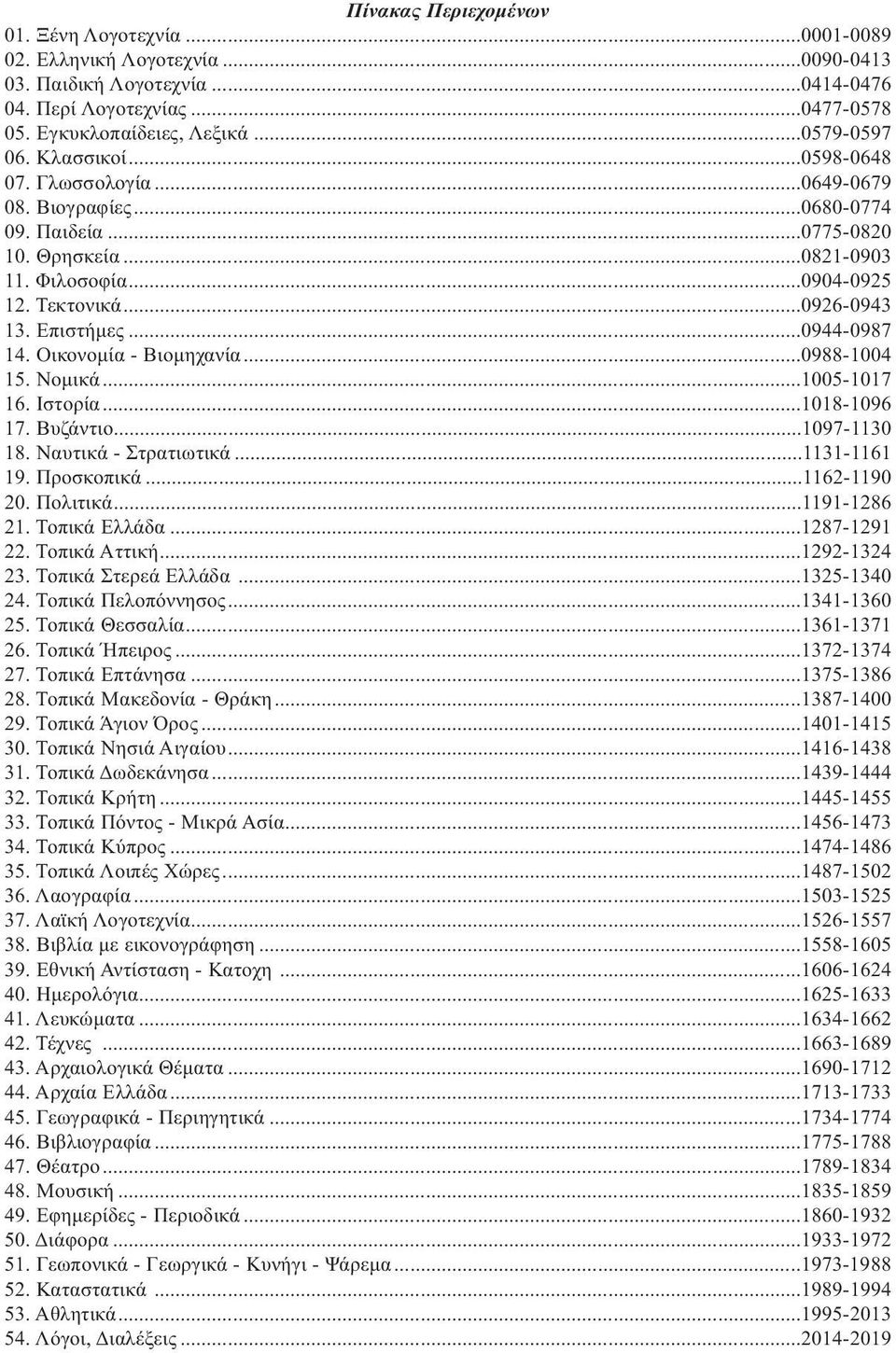 ..0944-0987 14. Οικονομία - Βιομηχανία...0988-1004 15. Νομικά...1005-1017 16. Ιστορία...1018-1096 17. Βυζάντιο...1097-1130 18. Ναυτικά - Στρατιωτικά...1131-1161 19. Προσκοπικά...1162-1190 20.